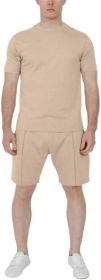 Men's Pure Color Casual Suits Loose Version Sport Suits Short Sleeve T-Shirt + Shorts Two Sets (Color: Khaki-M)