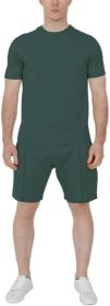 Men's Pure Color Casual Suits Loose Version Sport Suits Short Sleeve T-Shirt + Shorts Two Sets (Color: Dark green-XXL)