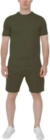 Men's Pure Color Casual Suits Loose Version Sport Suits Short Sleeve T-Shirt + Shorts Two Sets (Color: Army green-XL)