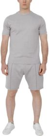 Men's Pure Color Casual Suits Loose Version Sport Suits Short Sleeve T-Shirt + Shorts Two Sets (Color: Light gray-XL)