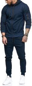 Men's 2 Pieces Tracksuits Running Jogging Athletic Casual Outfits Suit Solid Full Zip Sports Hooded Pants Sweatsuits (Color: Navy, size: S)