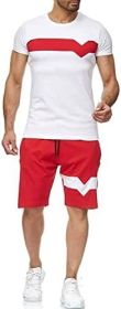 Men's Splicing 2 Piece Tracksuits Casual Short Sleeve Shirts and Shorts Suits (Color: Red, size: XL)