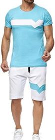 Men's Splicing 2 Piece Tracksuits Casual Short Sleeve Shirts and Shorts Suits (Color: Blue, size: M)