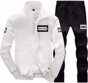 Men's Casual Slim Fit Tracksuit Long Sleeve Jogging Athletic Jacket Suits Set (Color: WHITE-S)