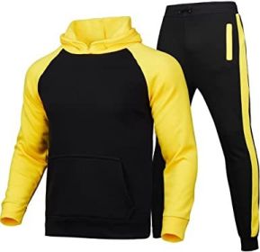 Men's Athletic Sweatshirt Tracksuit Pullover Hoodie Jogging Pants 2 Pieces Set (Color: YELLOW-L)