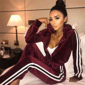 Autumn Winter Women Velvet Tracksuit Long Sleeve Zipper Hooded Tops+Pants Sport Suits Sportswear Two Pieces Set (Color: Burgundy, size: S)