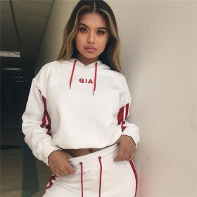 2 Piece Set Women Tracksuit Sportswear Casual White Red Sweat Pants Hooded Cropped Sweatshirt Hoodie (Color: Red, size: M)