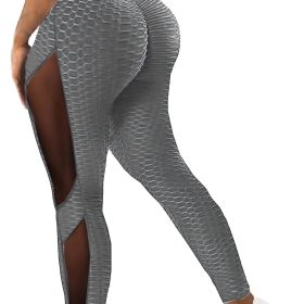 Honeycomb Mesh Contrast Leggings, Sporty Skinny High Waist Lifting Yoga Leggings, Women's Clothing (Color: grey, size: L(8/10))