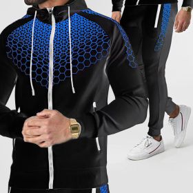 Autumn and winter zippered sportswear men's hooded coat electronic honeycomb casual suit (Color: Black blue, size: M)