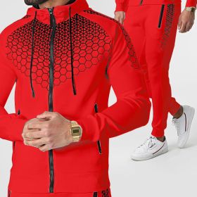 Autumn and winter zippered sportswear men's hooded coat electronic honeycomb casual suit (Color: Red, size: L)