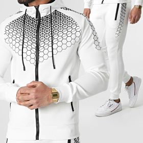 Autumn and winter zippered sportswear men's hooded coat electronic honeycomb casual suit (Color: White, size: XL)