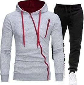 Mens 2 Piece Tracksuit Zipper Hoodie Pants Sport Suit Long Sleeve Stylish Casual Athletic Tracksuits (Color: Light Grey, size: XXL)