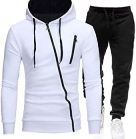 Mens 2 Piece Tracksuit Zipper Hoodie Pants Sport Suit Long Sleeve Stylish Casual Athletic Tracksuits (Color: White, size: M)