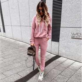 European and American Women's Solid Color Casual Hooded Sweatshirt Sportswear Two-piece Suit (Color: Pink, size: S)