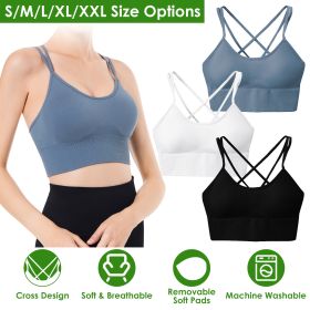 3Packs Women Cross Back Sport Bras Padded Strappy Medium Support Bras (Color: Black+White+Blue, size: XL)