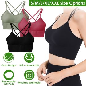 3Packs Women Cross Back Sport Bras Padded Strappy Medium Support Bras (Color: Green+Red+Black, size: M)