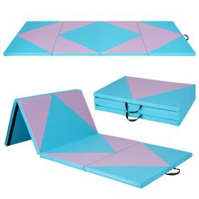 4-Panel PU Leather Folding Exercise Gym Mat with Hook and Loop Fasteners (Color: Pink & Blue)