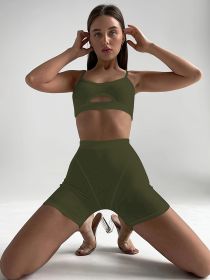 Sports tight triangle sweat quick drying summer high intensity sports shorts slim waist waist compression shorts for women (Color: Military Green, size: S)