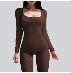 One-piece pants with square collar and slit (Color: Dark Brown, size: S)