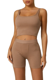 2pcs Solid Color Yoga Workout Sets, Sleeveless Crop Sports Top & High Waist Running Shorts Suits, Women's Activewear (Color: Brown, size: S)