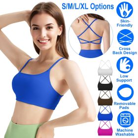 1Pc/3Pcs Women Cross Back Sport Bras Padded Strappy Crop Open Back Low Impact Bras Sexy Fitness Tank Tops (Color: 1PcBlue, size: S)