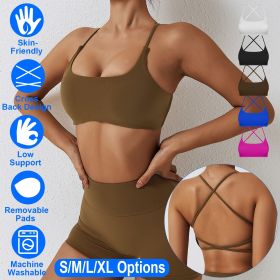 1Pc/3Pcs Women Cross Back Sport Bras Padded Strappy Crop Open Back Low Impact Bras Sexy Fitness Tank Tops (Color: 1PcBrown, size: S)