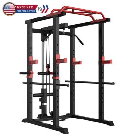 Multi-functional Power Cage,Home Adjustable Pullup Squat Rack 1000Lbs Capacity Comprehensive Fitness Barbell Rack (Color: Black-Red)