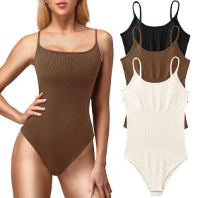 3 PACK Sleeveless Bodysuit for Women Adjustable Spaghetti Strap Jumpsuits (Color: Black+Coffee+Beige, size: L)